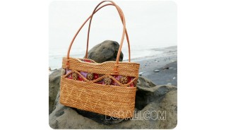 natural handmade rattan shopping handbags leather handle